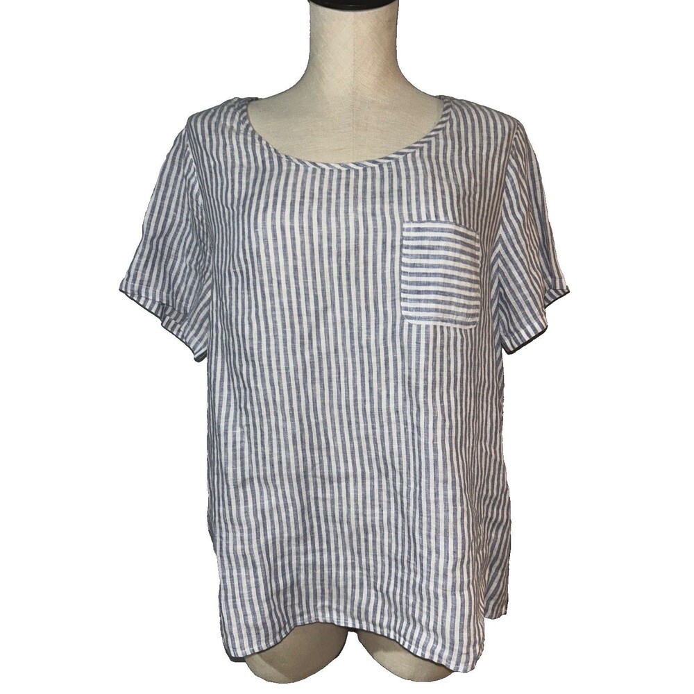 Christian Siriano Women’s 100% Linen Striped Short Sleeve Top Size L Crew Neck